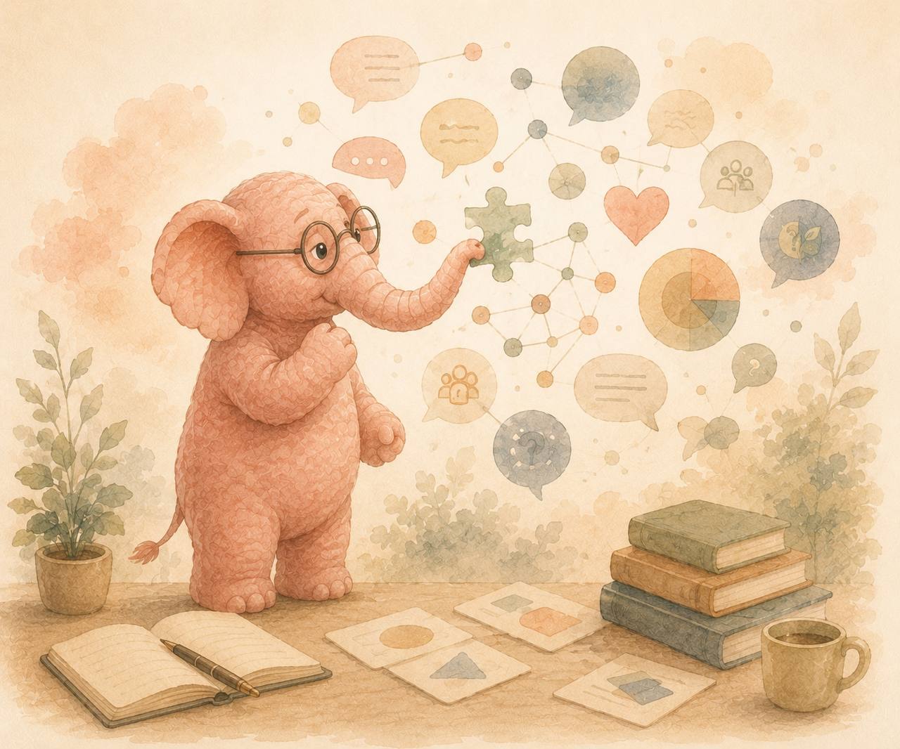 Elephantheia-olifant ordent taal en begrippen als symbool voor passend vocabulaire.