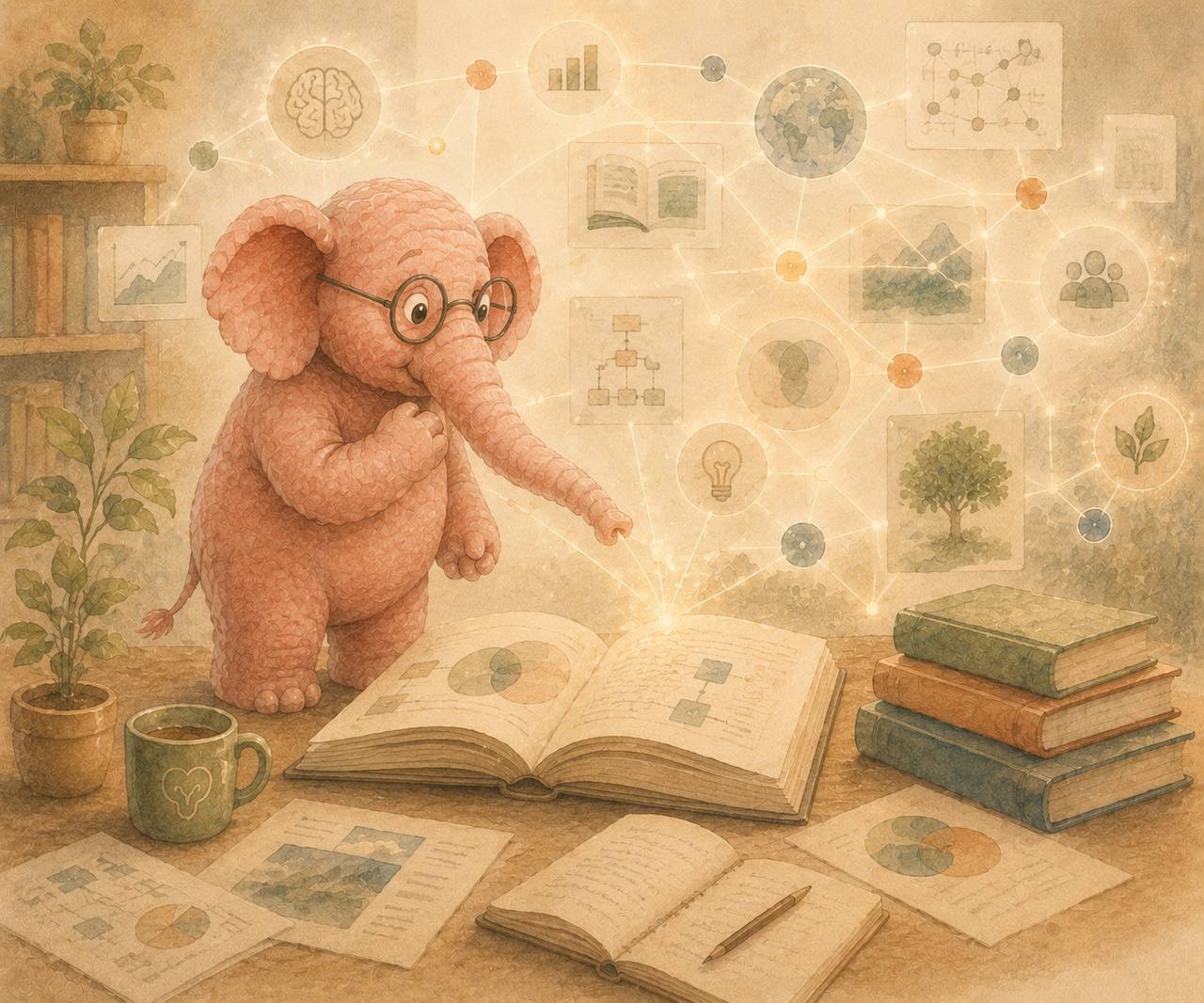 Elephantheia-olifant verbindt boeken, schema’s en inzichten als symbool voor kennis.