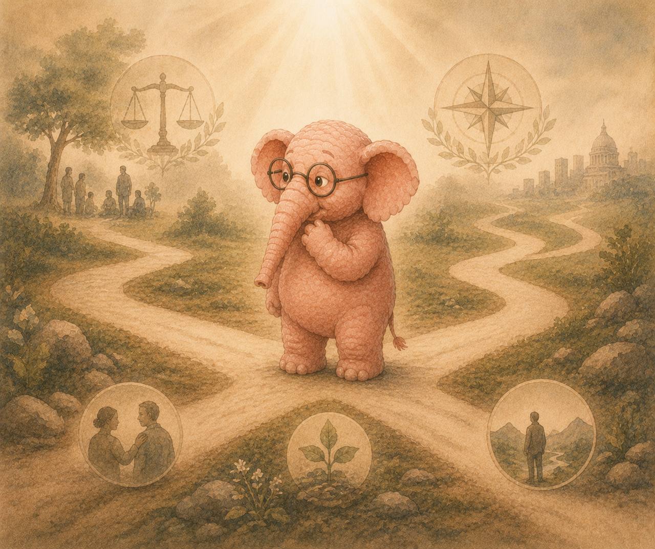 Elephantheia-olifant bij kruispaden, kompas en weegschaal als symbool voor ethisch bewustzijn.