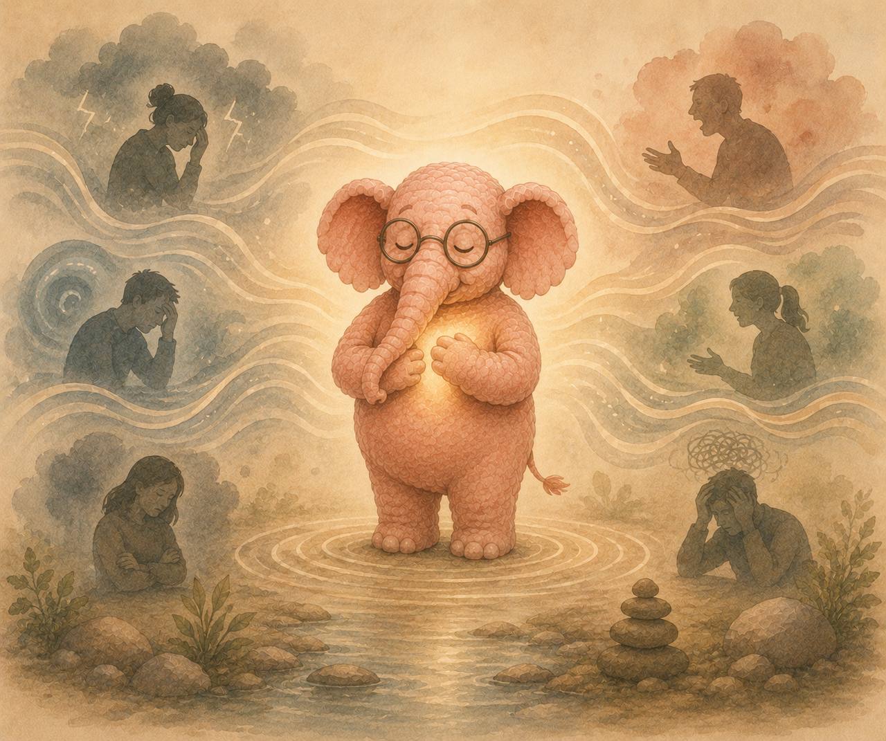 Elephantheia-olifant blijft kalm tussen emoties en spanningslijnen als symbool voor emotionele volwassenheid.