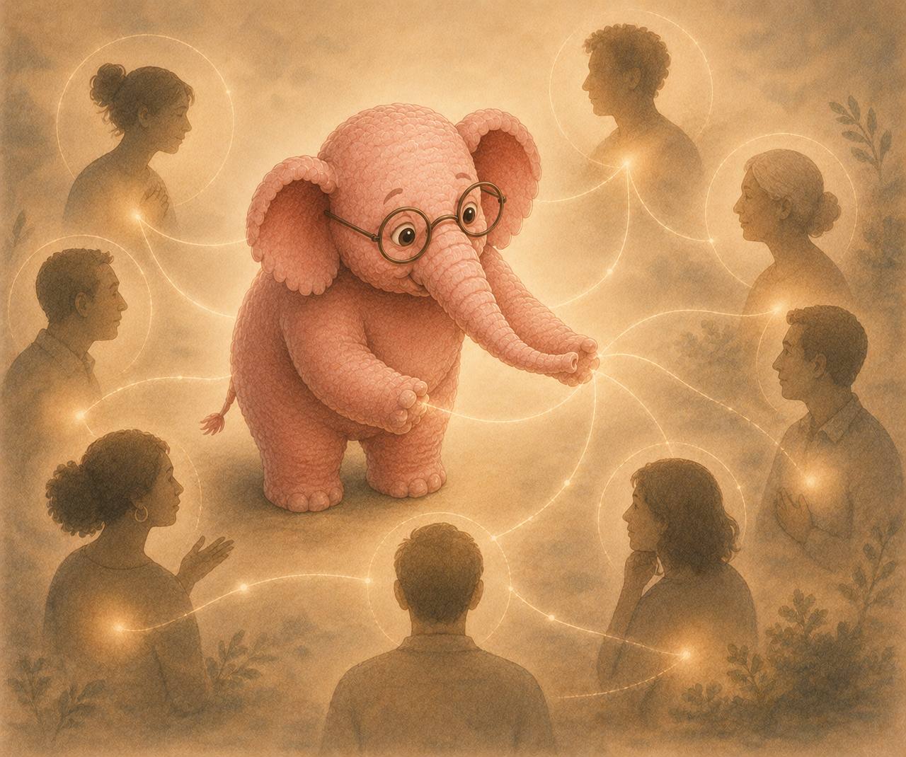Elephantheia-olifant verbindt zich met mensen als symbool voor empathie.